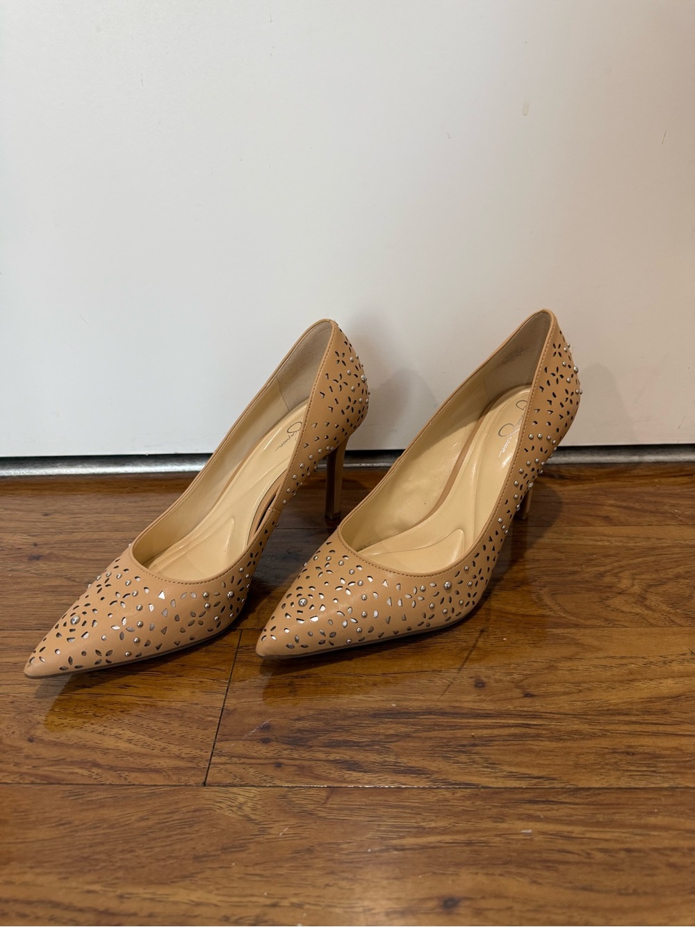 Jessica Simpson Beige Pointed-Toe Studded Pumps